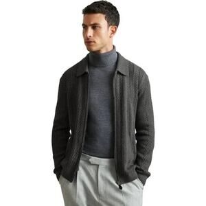 Reiss Winnie Cotton Wool Full Zip Cabled Jumper Mid Grey Melange Men’s XL